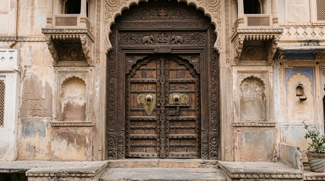 Antique Rajasthani Haveli wooden carved door with heavy brass iron studs and carved frame