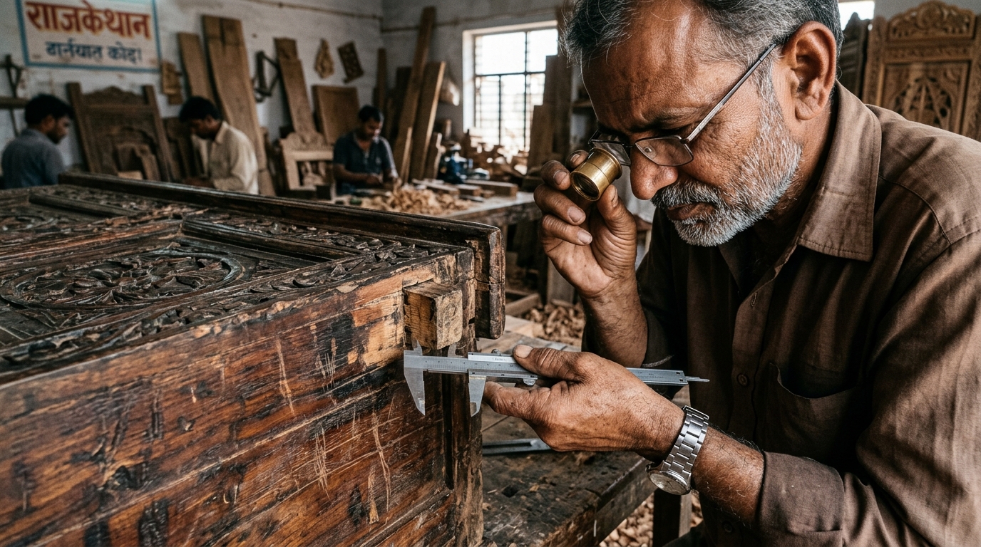 Quality control inspector examining wood joinery and authentic patina on vintage Indian furniture