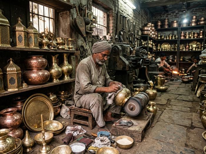 Moradabad brassware workshop crafting handcrafted brass vessels, copper pots and metal decor