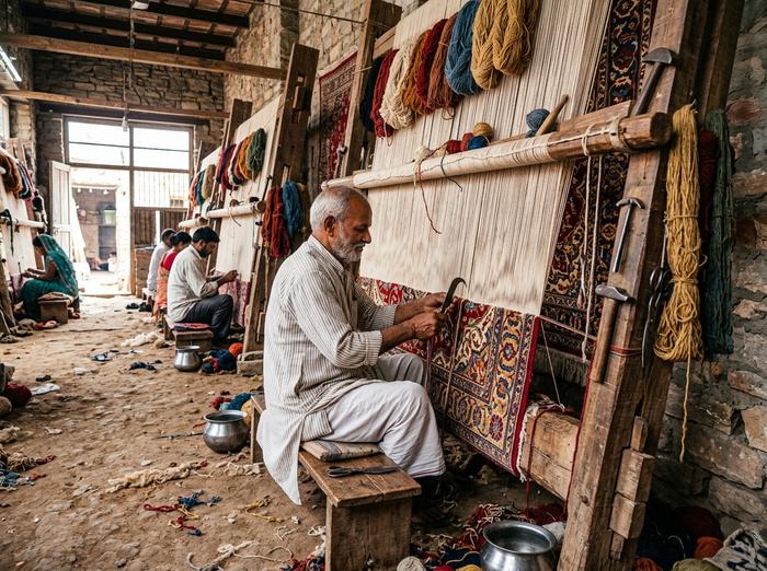 Traditional hand-knotted carpet and dhurrie weaving on vertical wooden handlooms in Bhadohi India