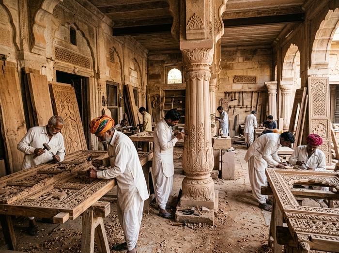 Hand-carved architectural Haveli doors, stone pillars and hospitality decor from Rajasthan