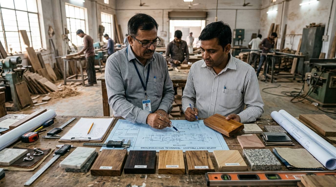 QualityLink Global sourcing specialist and technical inspector reviewing architectural blueprints and material swatches at a workbench in an Indian craft factory