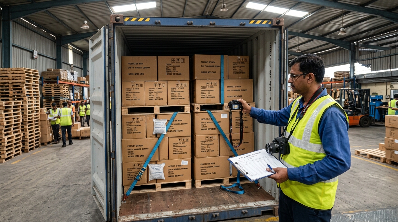 Quality control inspector in high-visibility vest documenting container condition, carton stacking, moisture desiccants, and security seal at Indian export warehouse