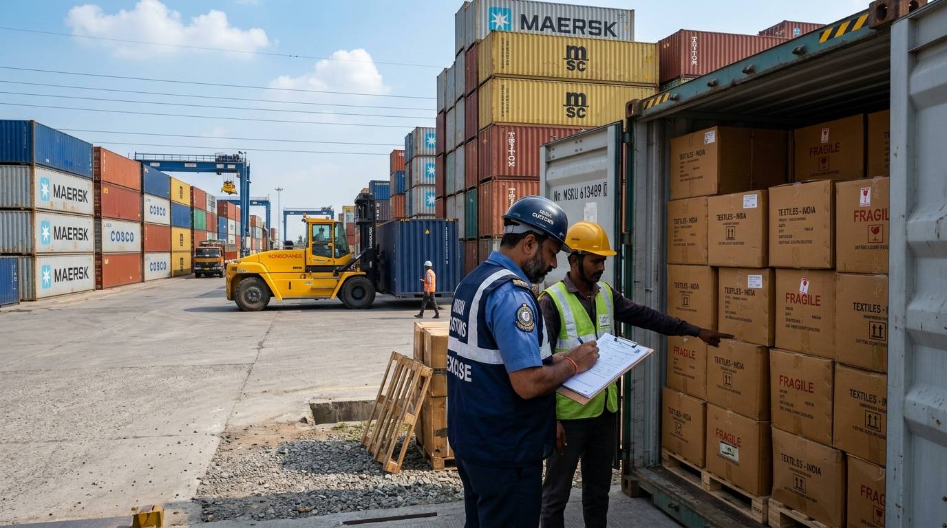 Quality inspector and customs coordinator supervising container loading at an Inland Container Depot dry port in North India