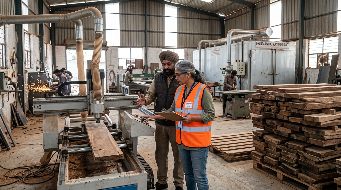 Quality control inspector reviewing machinery and factory documentation at an Indian manufacturing workshop in Rajasthan