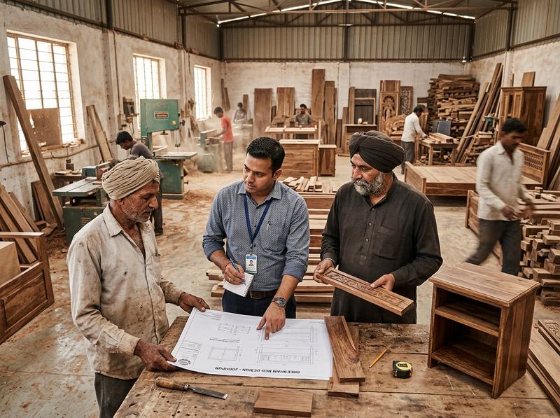 QualityLink Global sourcing specialist reviewing blueprints and verifying genuine Indian manufacturers on workshop floor in Jodhpur