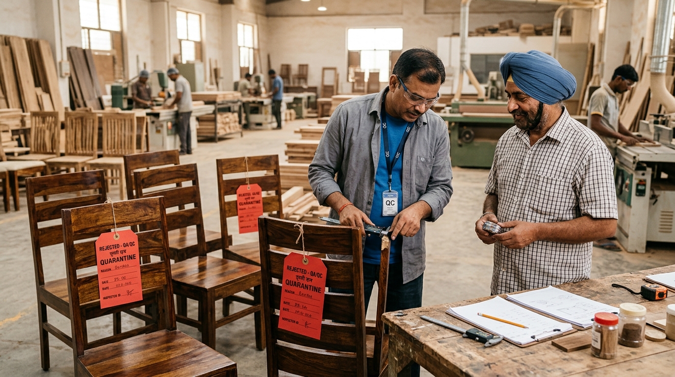 Quality control inspector reviewing quarantine tags and rejected wooden chairs with factory supervisor in an Indian manufacturing facility