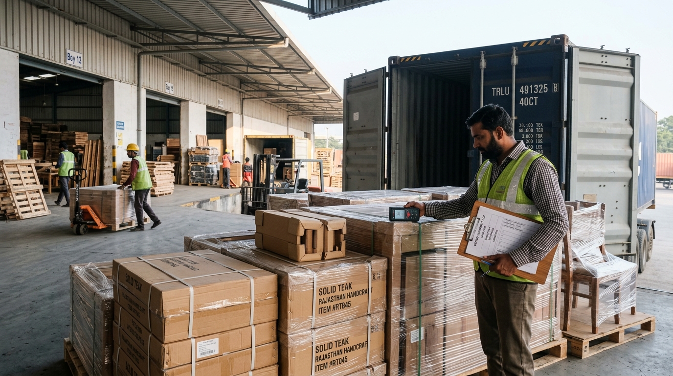 Indian export warehouse staging bay measuring palletized solid wood furniture cartons with laser distance meter next to a 40HQ container