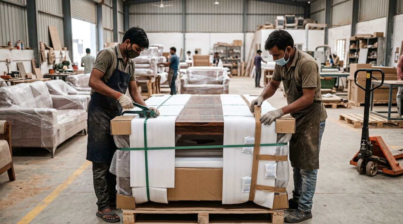 Factory workers packing export solid wood dining tables with heavy-duty edge protectors, corrugated foam, and 7-ply export cartons in Jodhpur
