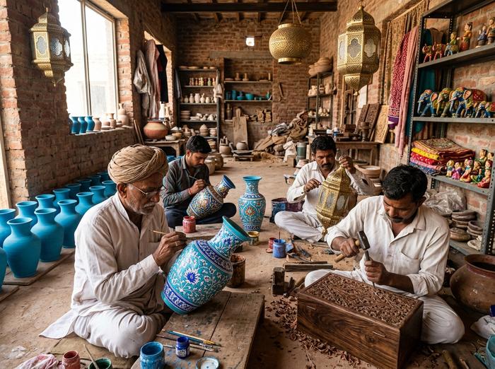 Rajasthan artisan workshop crafting blue pottery vases, carved wood boxes and brass decor