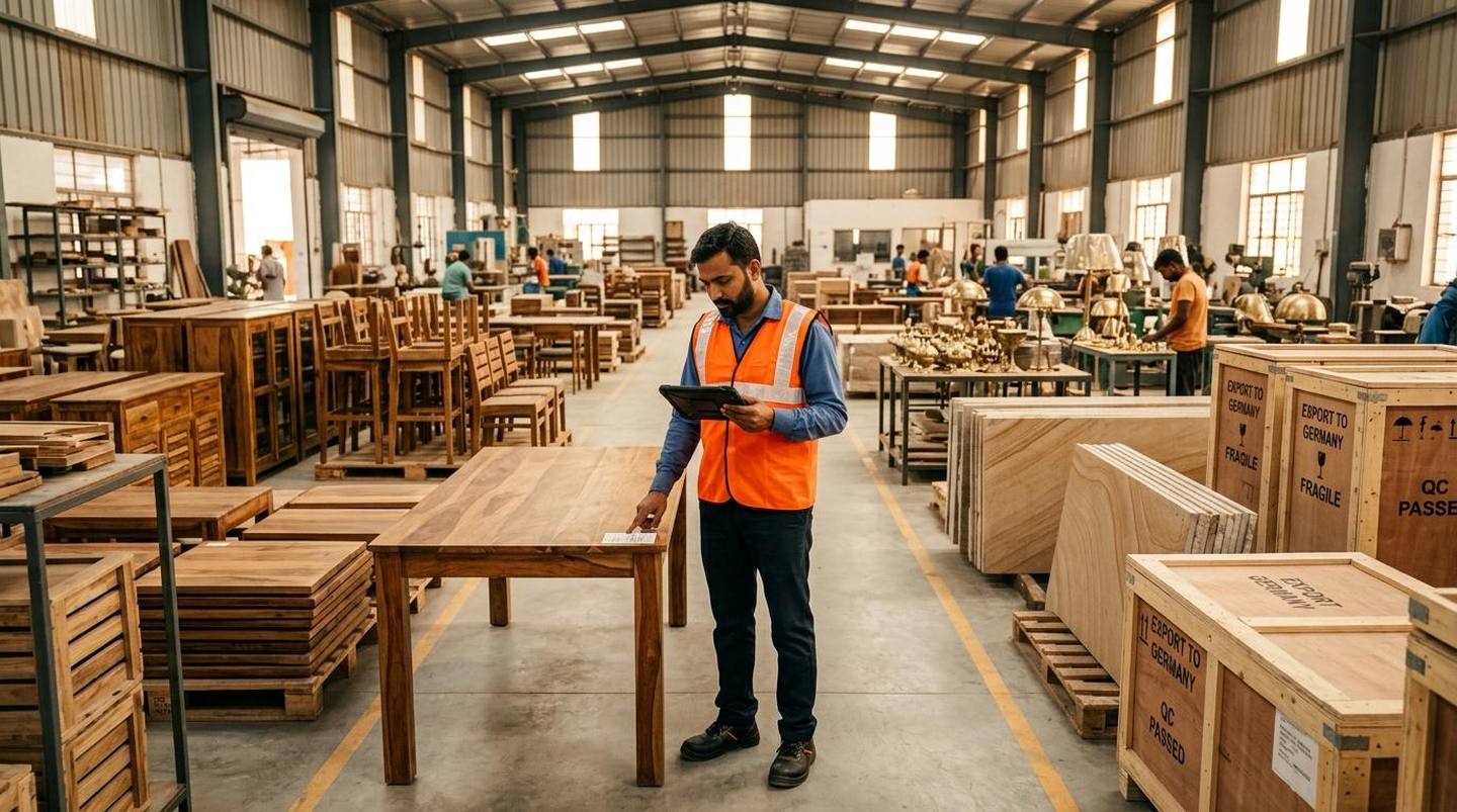 QualityLink Global quality control inspector verifying furniture, natural stone and export crates inside Indian factory warehouse