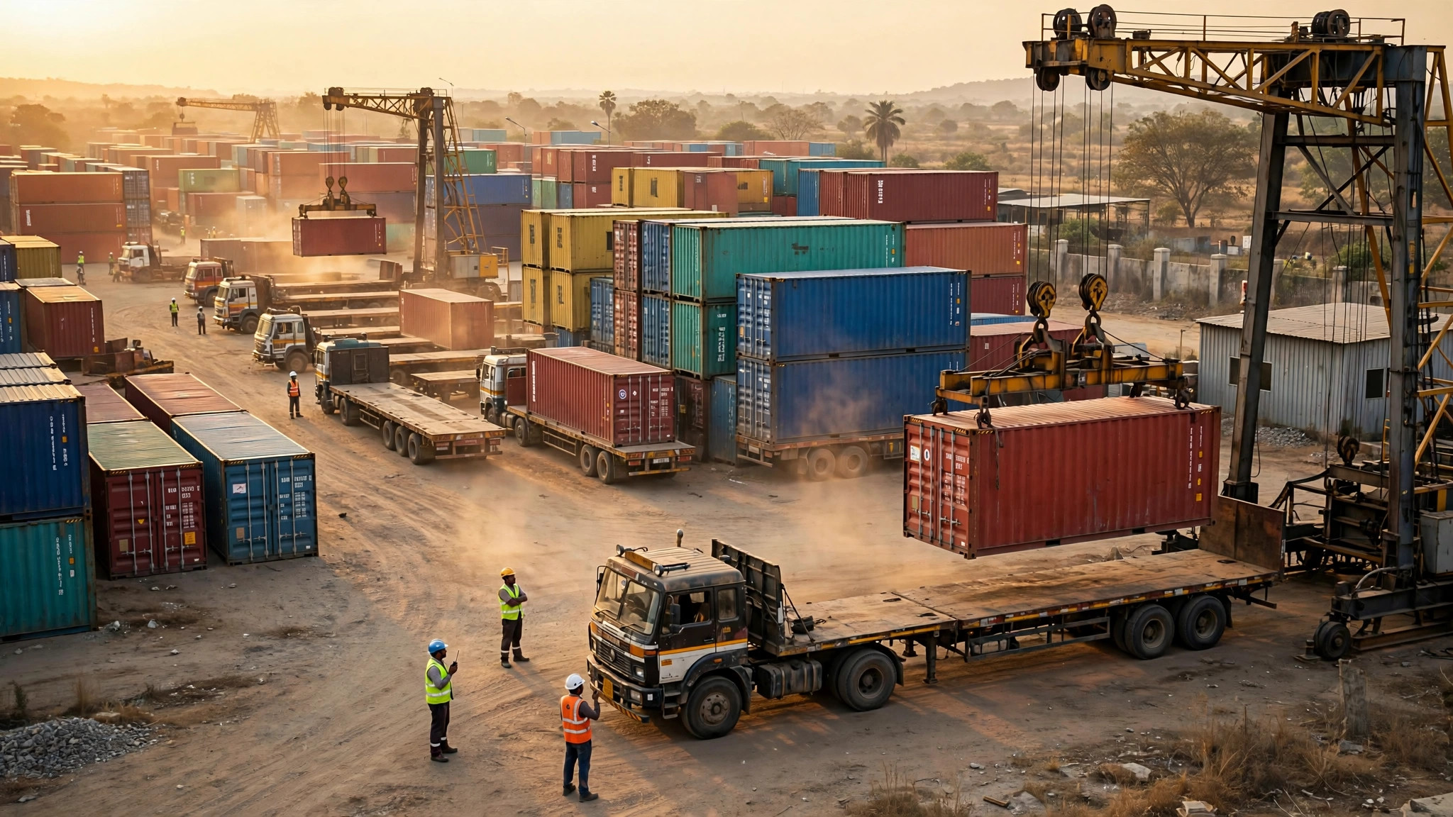 Export shipping containers being loaded onto trucks at an inland container depot in India at golden hour