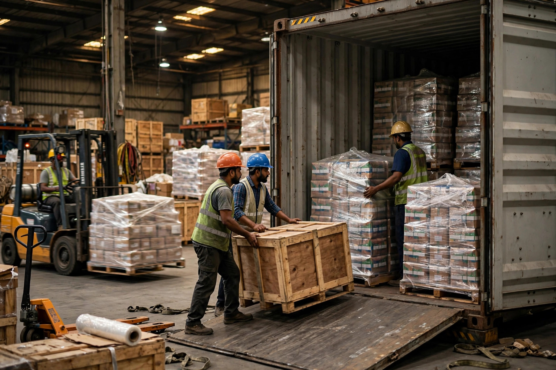 Workers loading shrink-wrapped export cartons and wooden crates into a shipping container in an Indian export warehouse