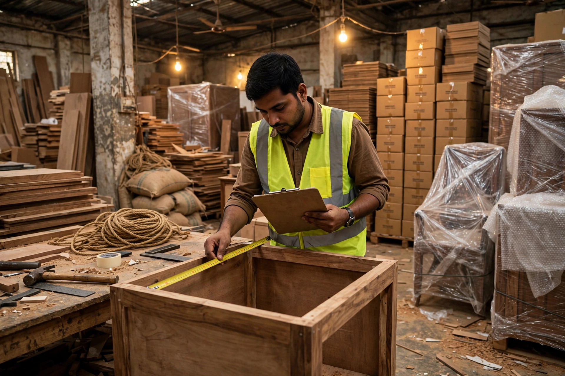 Quality inspector measuring a wooden cabinet with a tape measure and clipboard inside an Indian export furniture factory