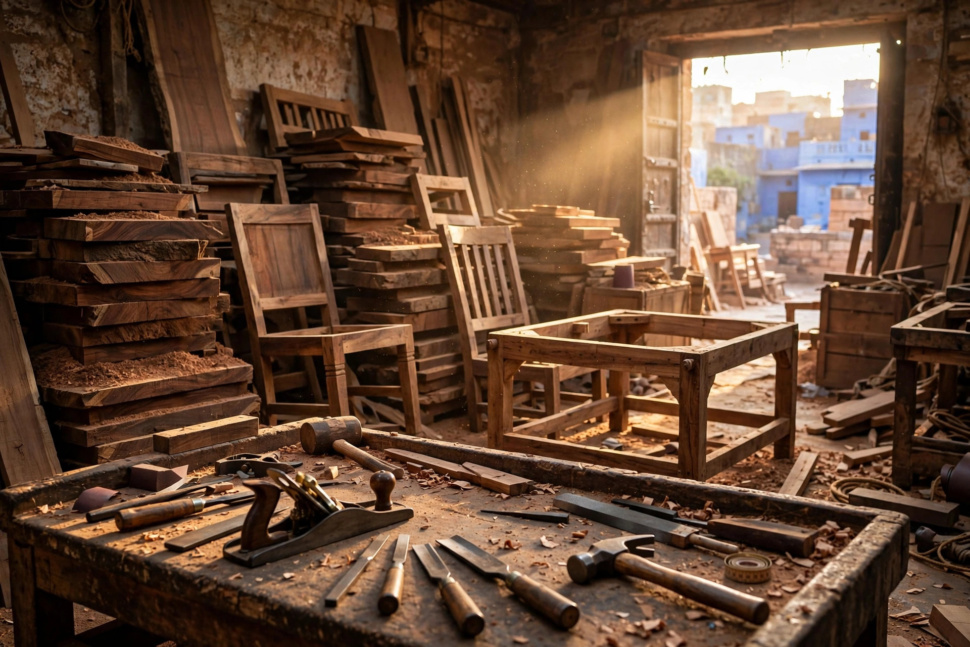 Stacks of sheesham timber planks and unfinished wooden chairs in a traditional Jodhpur, India furniture workshop