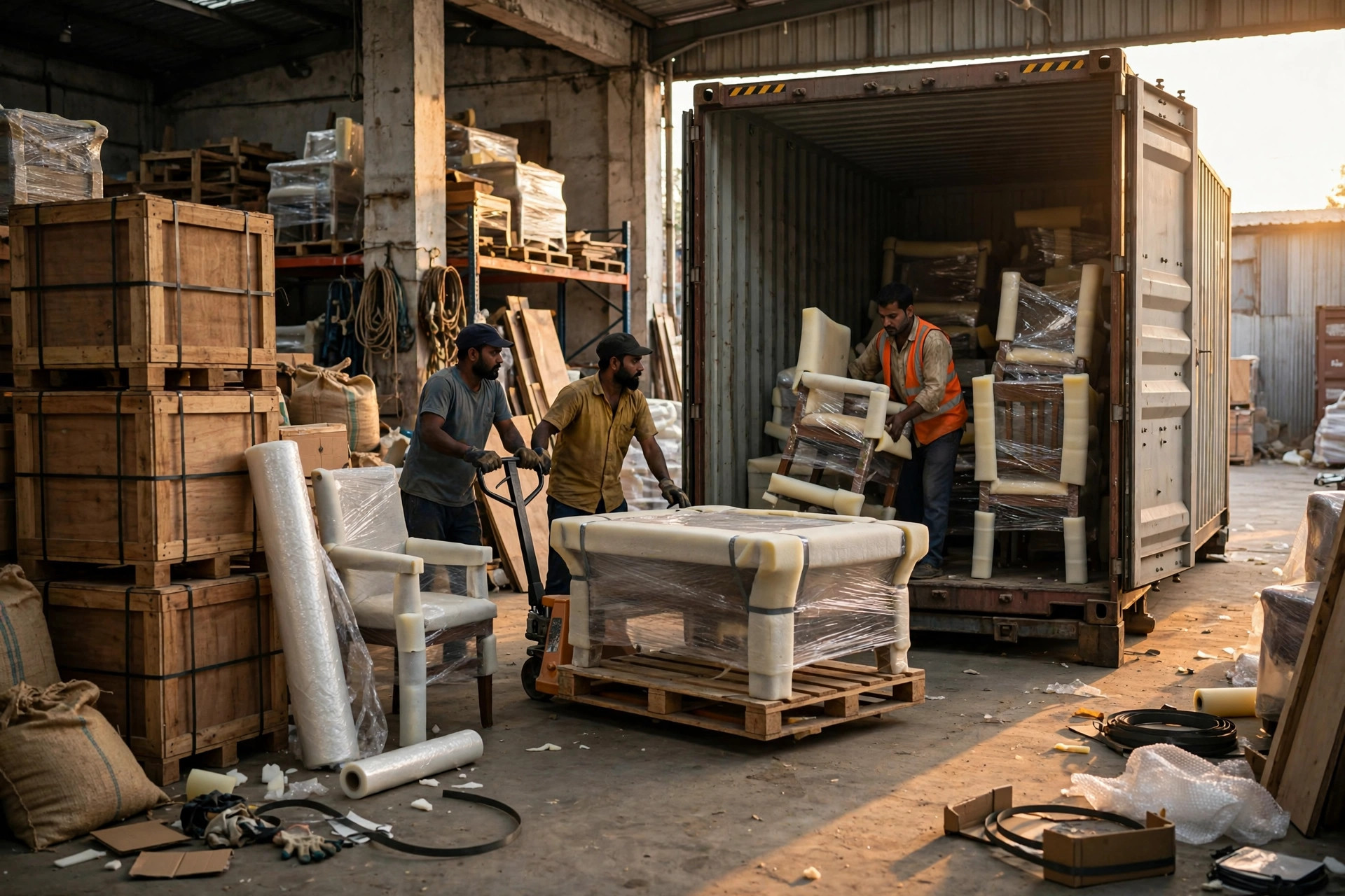 Workers loading export-packed wooden furniture into a shipping container at an Indian furniture warehouse