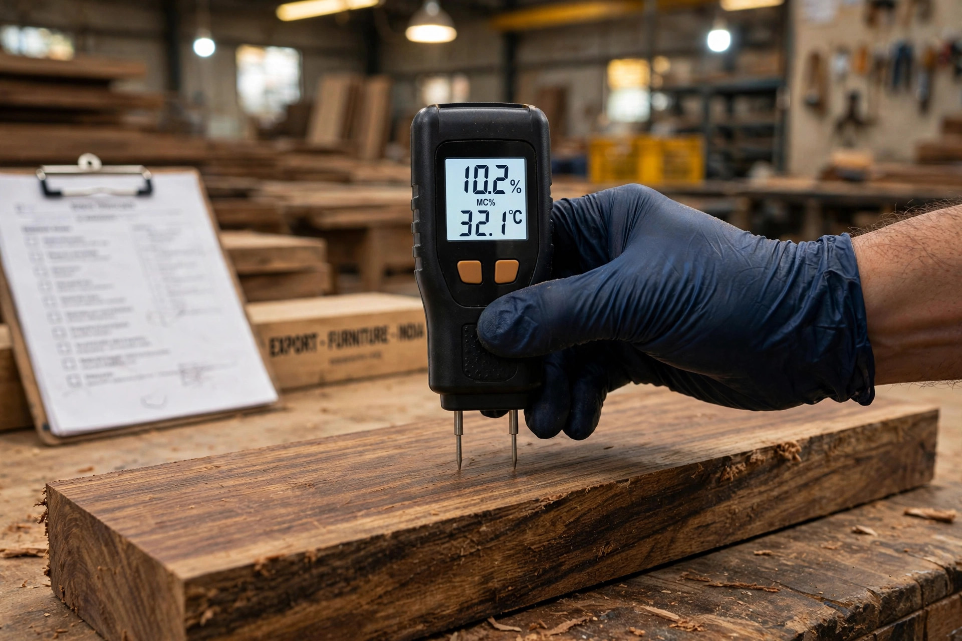 Quality inspector testing wood moisture content with a pin-type moisture meter on a sheesham plank in an Indian furniture factory
