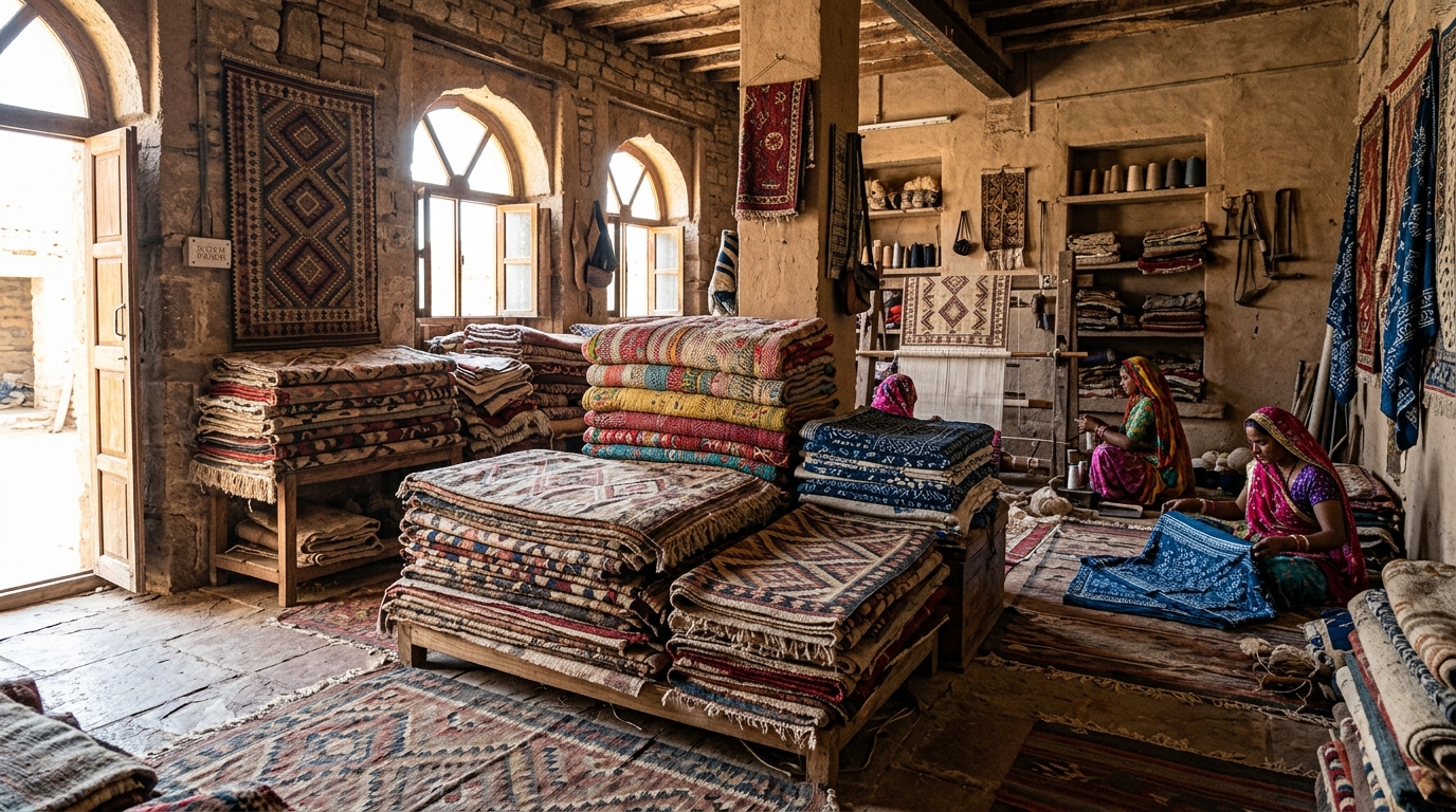 Artisan workshop in Rajasthan displaying vintage handwoven flatweave wool dhurries and tribal textiles