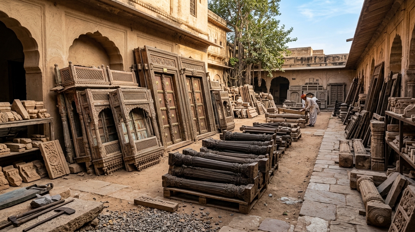 Open architectural salvage yard in Rajasthan with reclaimed carved haveli doors, pillars, and brackets