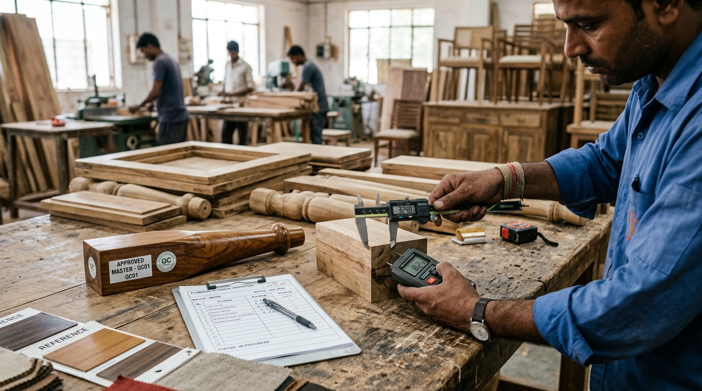 Quality control inspector measuring approved reference sample against mass production wood furniture using digital calipers in Jodhpur