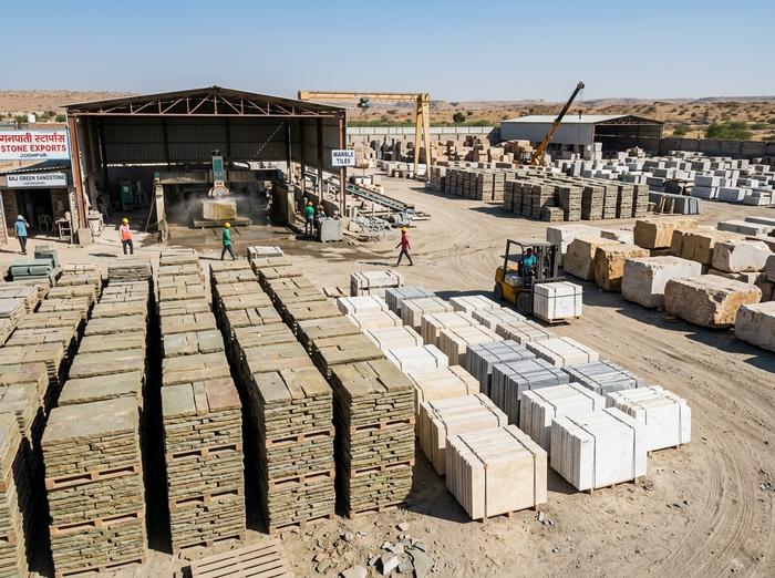 Rajasthan natural stone processing yard with stacked sandstone paving slabs and calibrated marble tiles for export