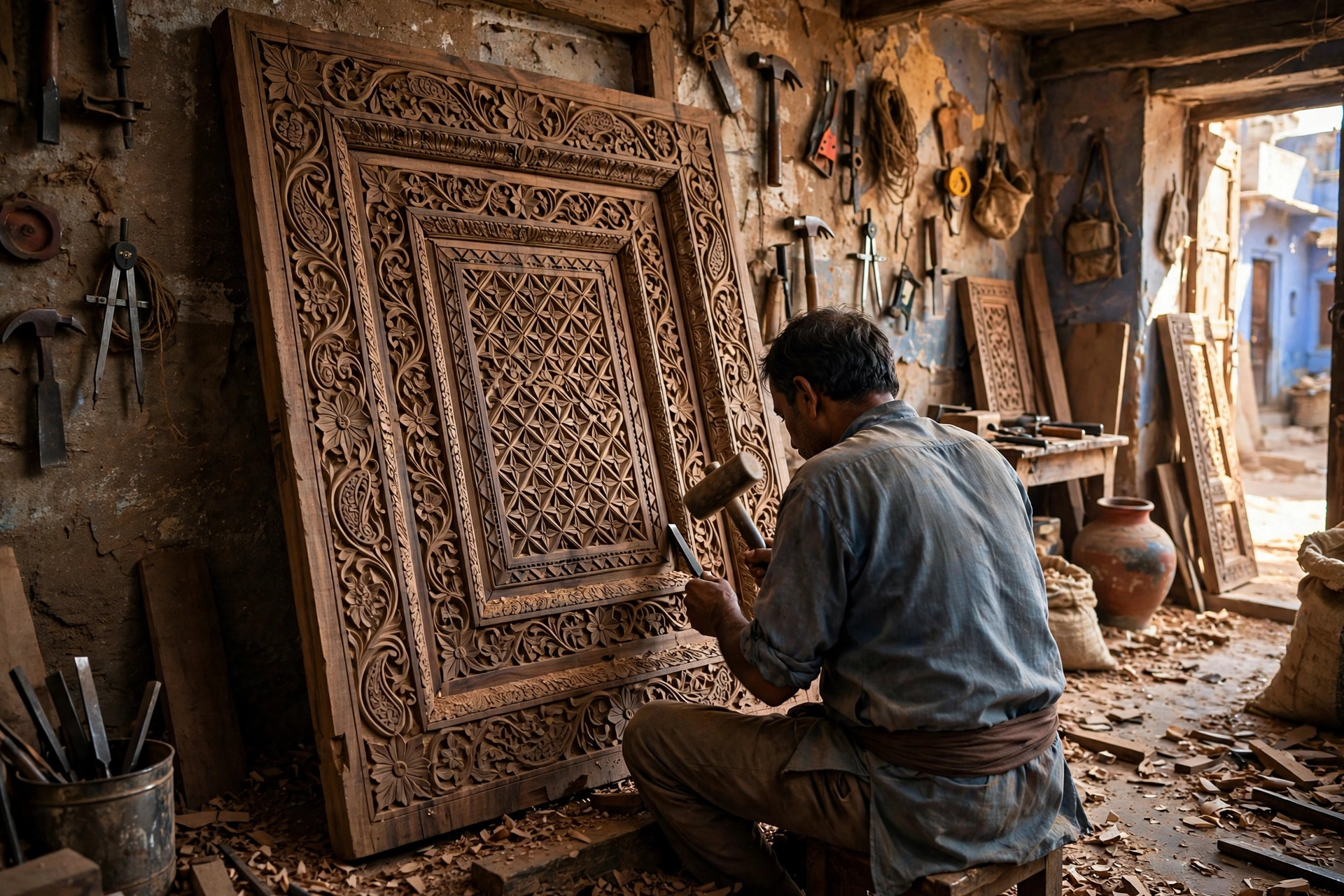 Master woodcarver hand-carving an ornate sheesham wooden door panel in a traditional Jodhpur, Rajasthan workshop