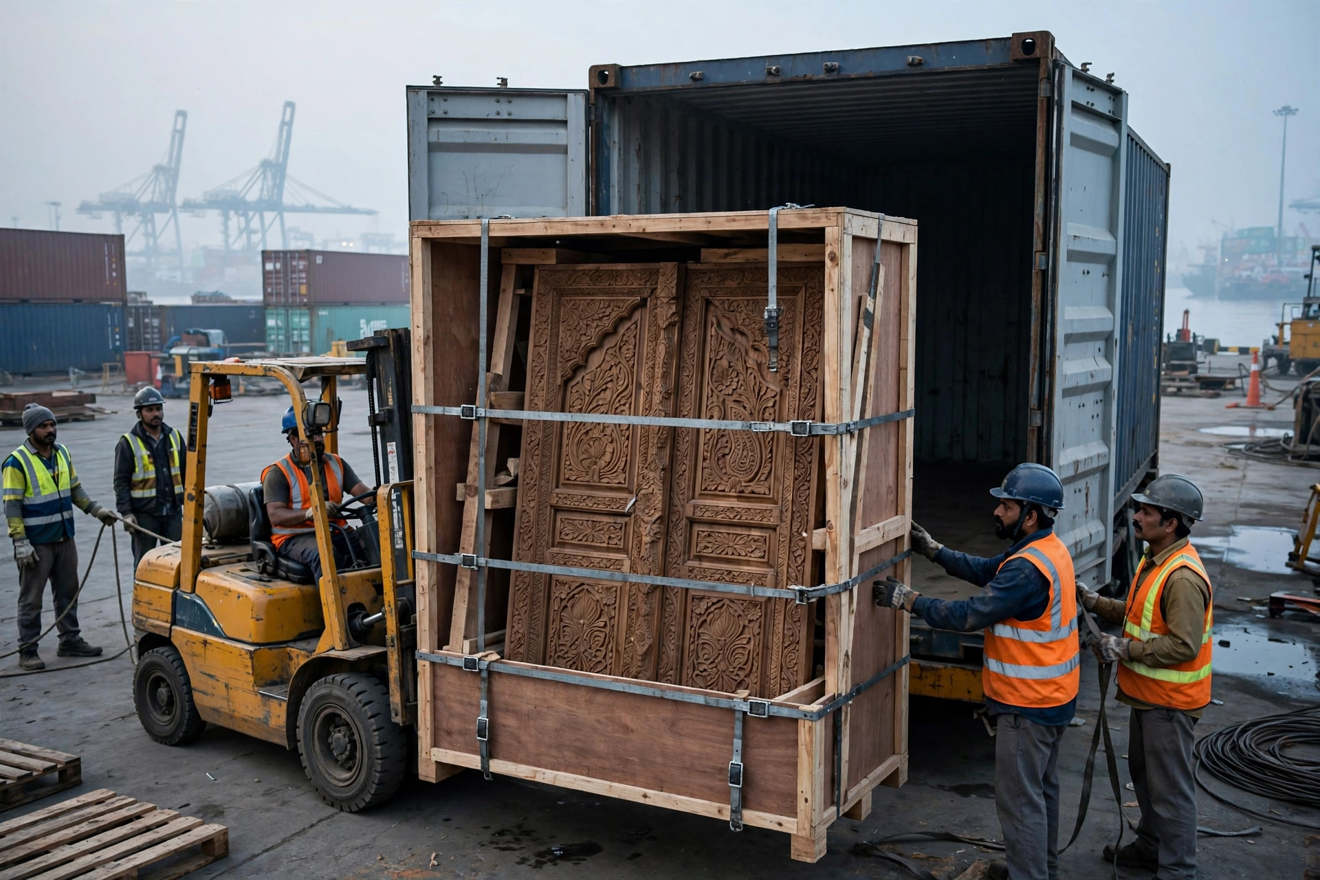 Carved wooden doors strapped inside plywood export crates being loaded into a shipping container at an Indian port