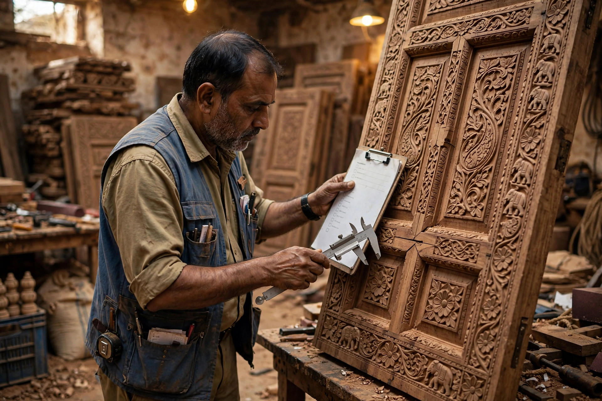 Quality inspector measuring carving depth on a hand-carved wooden door with a caliper and checklist in a Jodhpur workshop