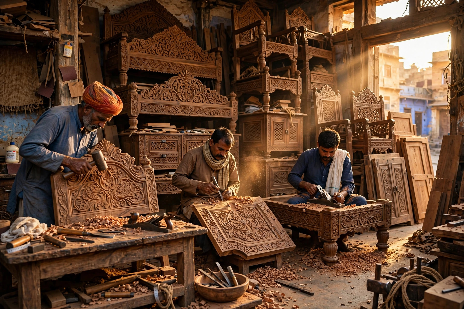 Artisans hand-carving sheesham wooden furniture in a traditional Jodhpur, India furniture workshop