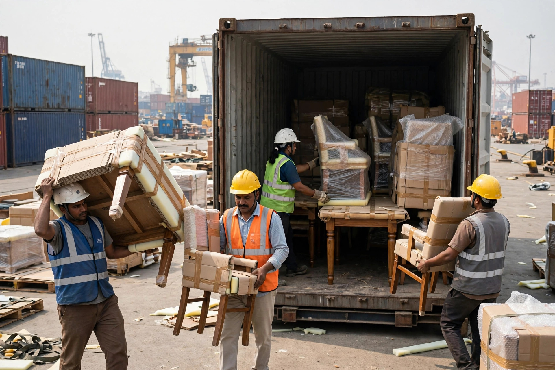 Workers loading export-packed wooden furniture into a shipping container at an Indian port for international shipment
