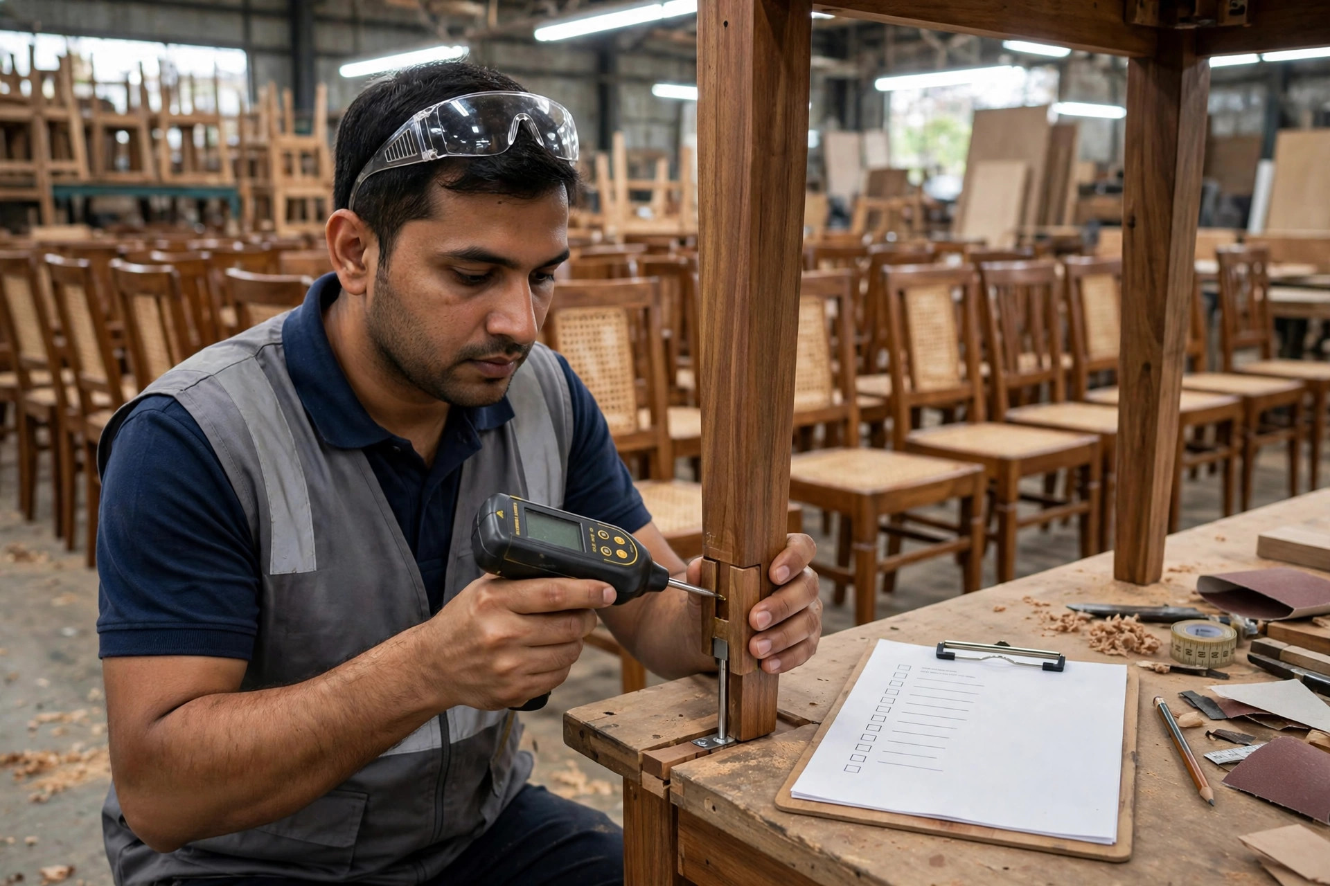 Quality control inspector testing wood moisture content on a furniture joint with a digital moisture meter in an Indian furniture factory