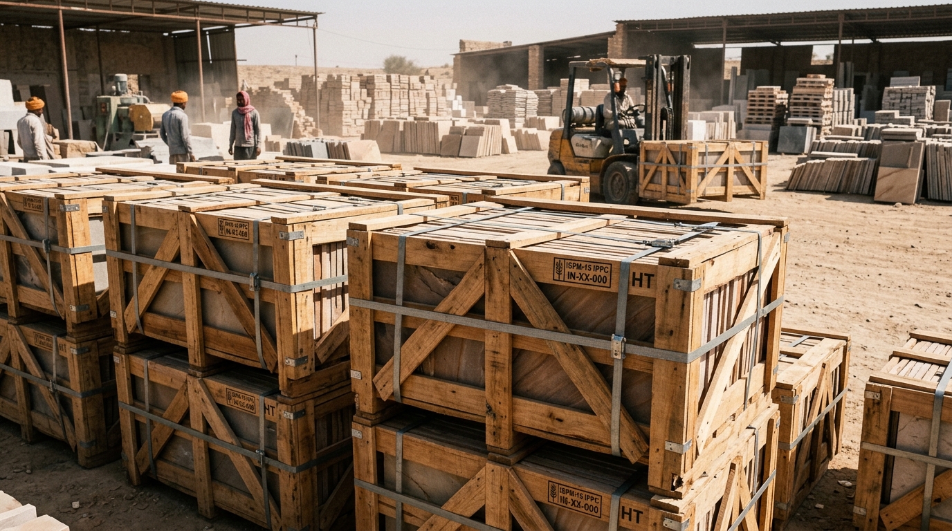 Indian natural sandstone paving slabs securely crated inside heat-treated ISPM-15 certified wooden crates with heavy-duty steel strapping at an export yard in Rajasthan