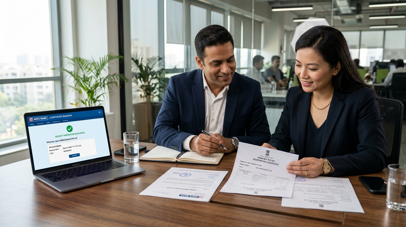 International sourcing consultant and buyer verifying Indian corporate registration certificates and banking documents to prevent international wire transfer fraud