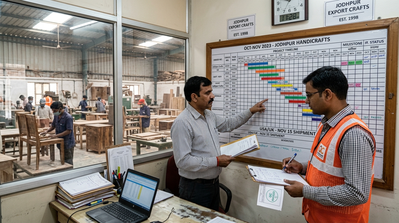 International sourcing manager and Indian factory director reviewing production timeline and delay mitigation strategy in Rajasthan