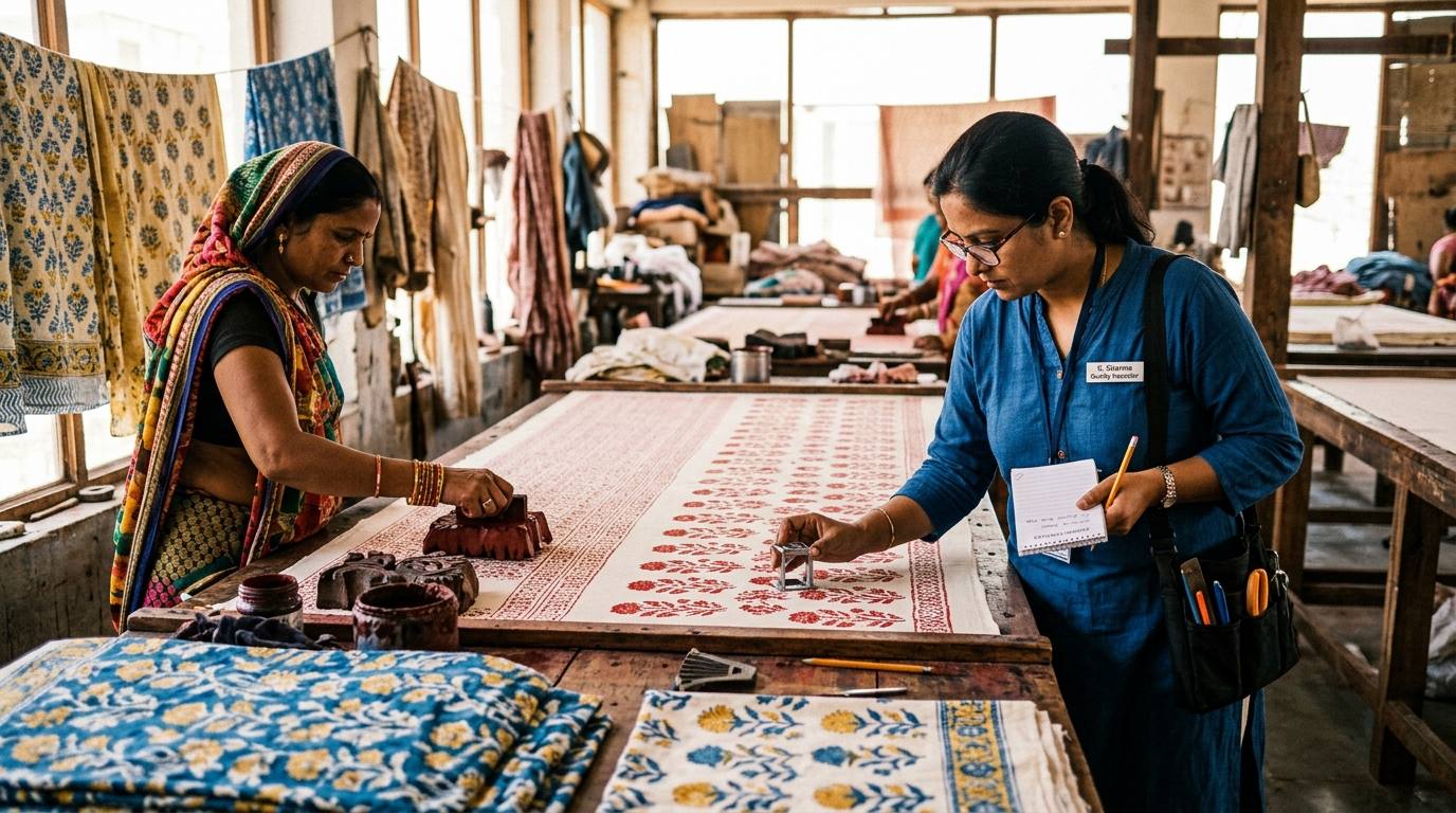 Master artisan block-printing cotton textiles at a long print table in Jaipur with quality inspector checking fabric specs