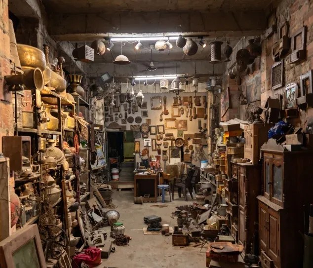 Authentic Indian vintage salvage warehouse and antique dealer showroom filled with wooden cabinets, brassware, and traditional artifacts in Rajasthan