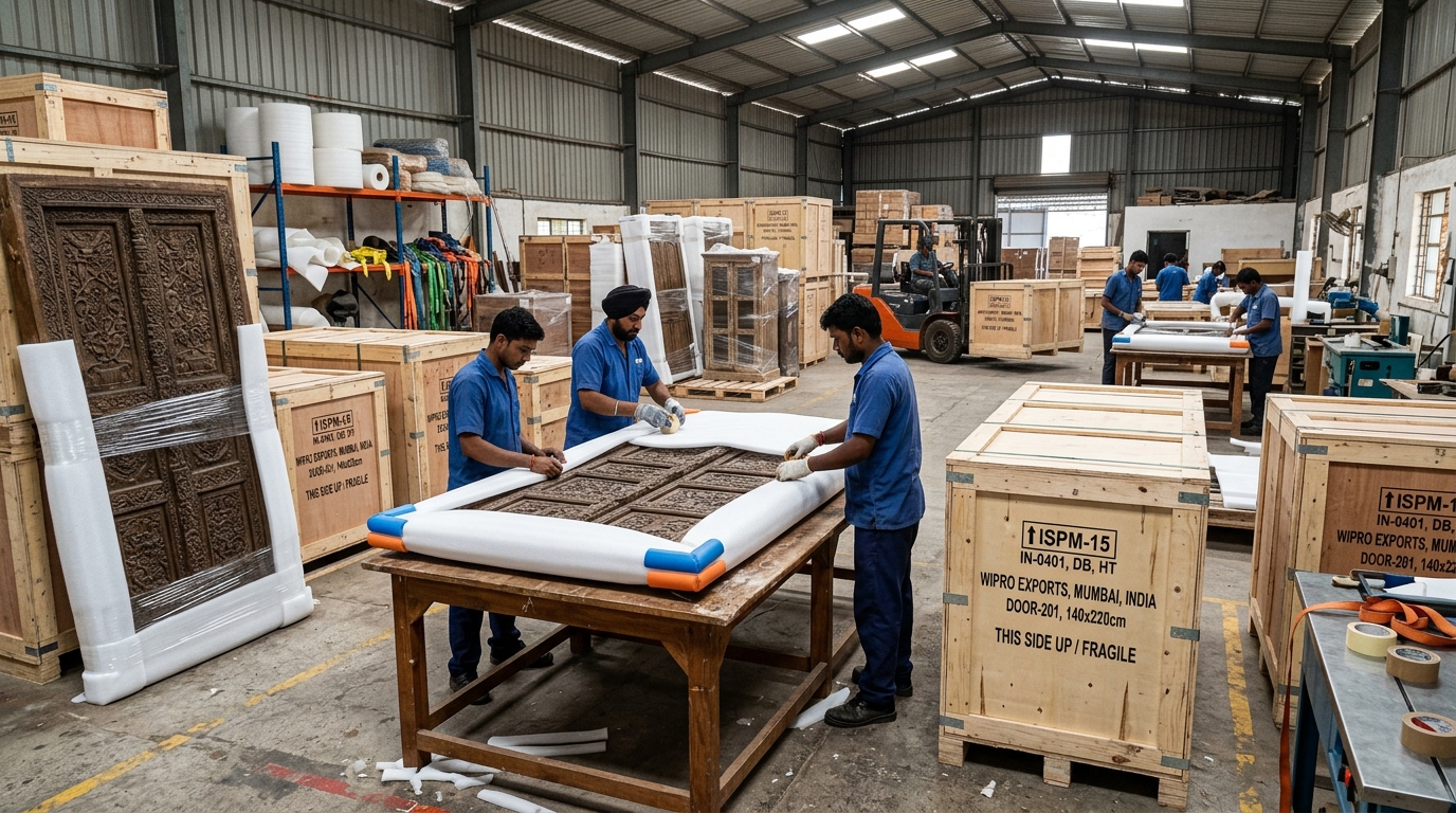 Professional export packaging facility with custom ISPM-15 wooden crating and protective foam wrapping for antique haveli doors