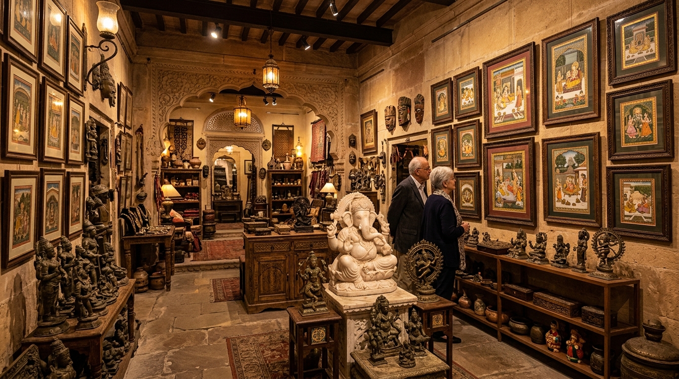 Antique art gallery showroom in Rajasthan featuring framed miniature paintings, marble sculptures, and bronze figures