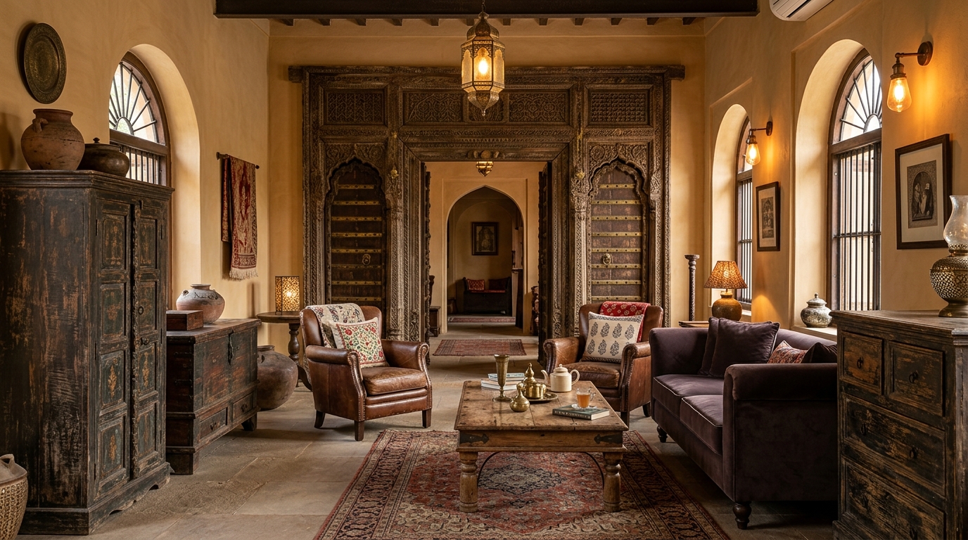 Luxury hospitality interior styled with authentic vintage Indian wooden furniture and carved haveli entrance archway