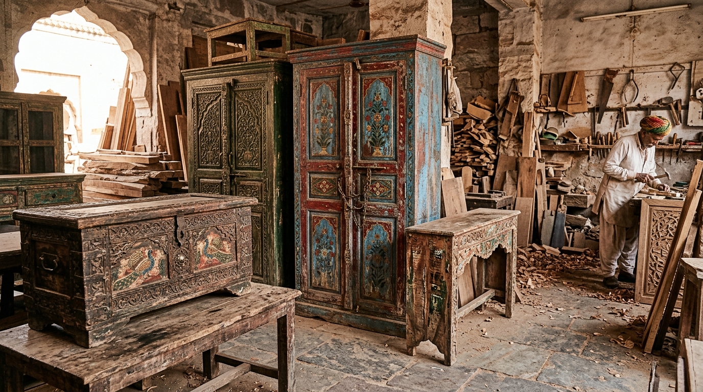 Authentic vintage Rajasthani distressed painted wooden furniture and bridal chests in Jodhpur workshop