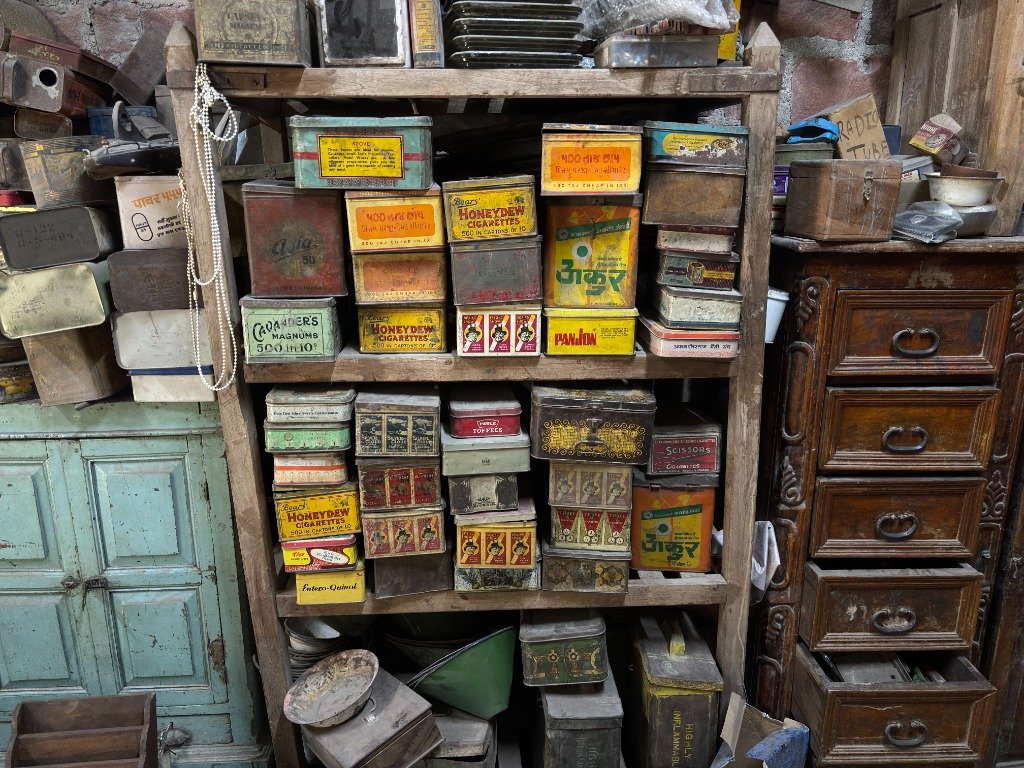 Authentic vintage Indian furniture, distressed cabinets, haveli doors, and traditional artifacts in Rajasthan