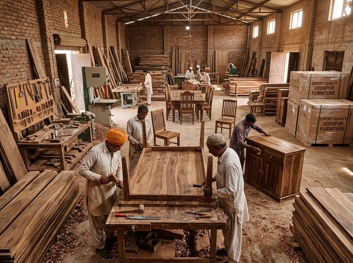 Solid wood furniture factory in Jodhpur India crafting Sheesham and mango wood export furniture